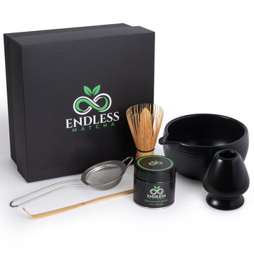 Matcha ceremony kit with whisk, bowl, and matcha powder